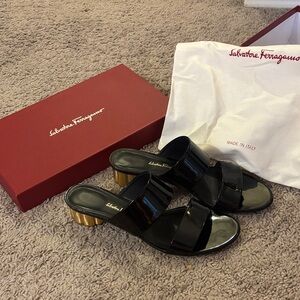 Salvatore Ferragamo Belluno Patent Calf Leather Black and Gold Heeled Sandals